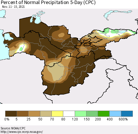 Central Asia Percent of Normal Precipitation 5-Day (CPC) Thematic Map For 11/11/2021 - 11/15/2021