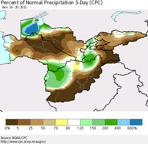 Central Asia Percent of Normal Precipitation 5-Day (CPC) Thematic Map For 11/16/2021 - 11/20/2021