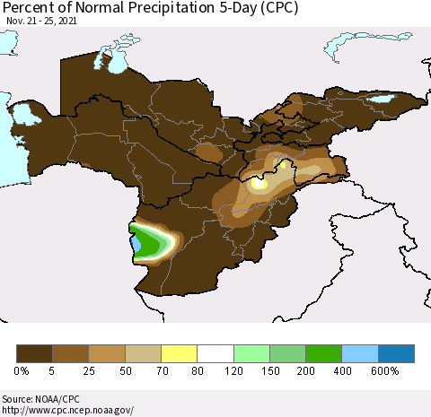 Central Asia Percent of Normal Precipitation 5-Day (CPC) Thematic Map For 11/21/2021 - 11/25/2021