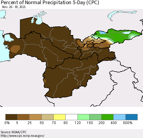 Central Asia Percent of Normal Precipitation 5-Day (CPC) Thematic Map For 11/26/2021 - 11/30/2021