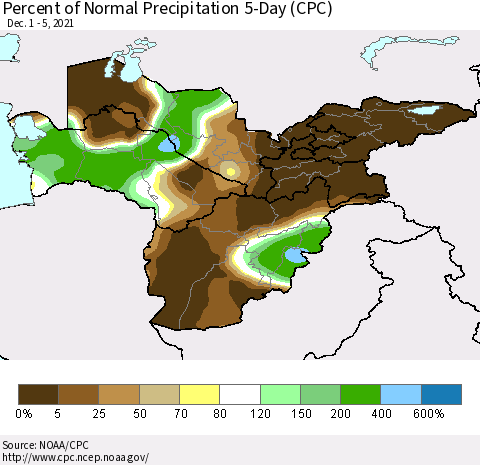 Central Asia Percent of Normal Precipitation 5-Day (CPC) Thematic Map For 12/1/2021 - 12/5/2021