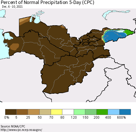 Central Asia Percent of Normal Precipitation 5-Day (CPC) Thematic Map For 12/6/2021 - 12/10/2021