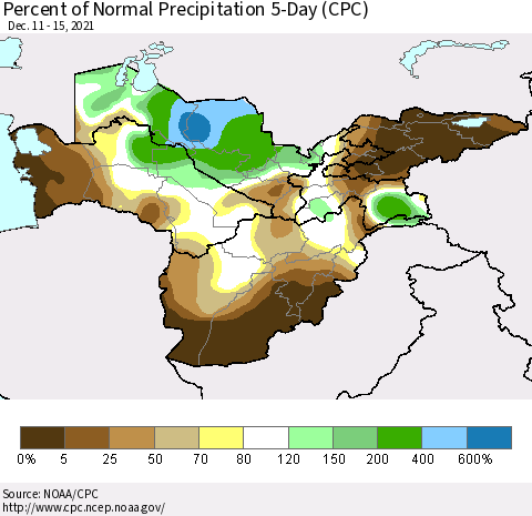 Central Asia Percent of Normal Precipitation 5-Day (CPC) Thematic Map For 12/11/2021 - 12/15/2021