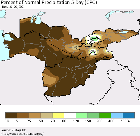 Central Asia Percent of Normal Precipitation 5-Day (CPC) Thematic Map For 12/16/2021 - 12/20/2021