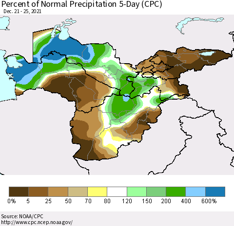 Central Asia Percent of Normal Precipitation 5-Day (CPC) Thematic Map For 12/21/2021 - 12/25/2021