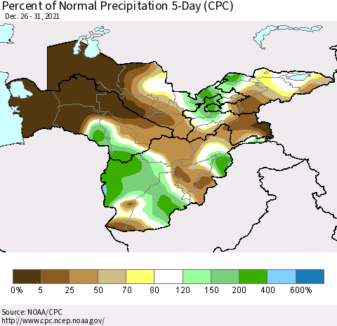 Central Asia Percent of Normal Precipitation 5-Day (CPC) Thematic Map For 12/26/2021 - 12/31/2021