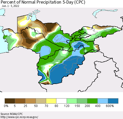 Central Asia Percent of Normal Precipitation 5-Day (CPC) Thematic Map For 1/1/2022 - 1/5/2022