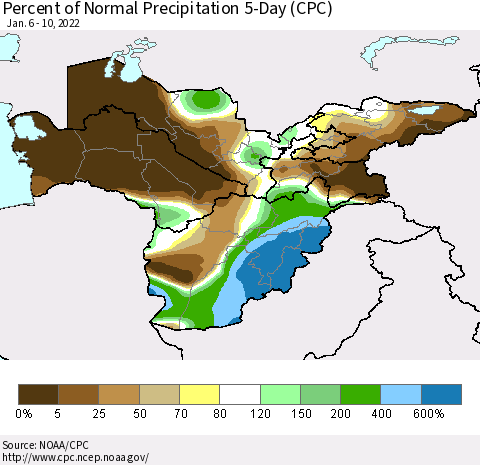 Central Asia Percent of Normal Precipitation 5-Day (CPC) Thematic Map For 1/6/2022 - 1/10/2022