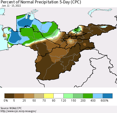 Central Asia Percent of Normal Precipitation 5-Day (CPC) Thematic Map For 1/11/2022 - 1/15/2022