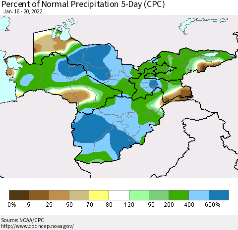 Central Asia Percent of Normal Precipitation 5-Day (CPC) Thematic Map For 1/16/2022 - 1/20/2022