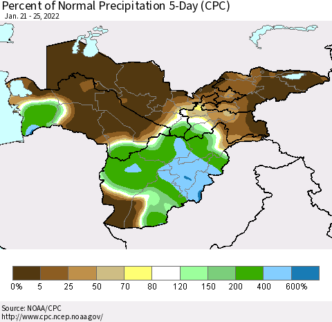 Central Asia Percent of Normal Precipitation 5-Day (CPC) Thematic Map For 1/21/2022 - 1/25/2022