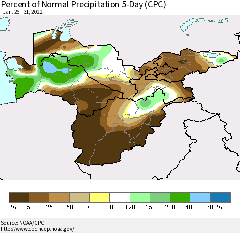 Central Asia Percent of Normal Precipitation 5-Day (CPC) Thematic Map For 1/26/2022 - 1/31/2022