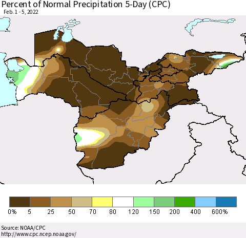 Central Asia Percent of Normal Precipitation 5-Day (CPC) Thematic Map For 2/1/2022 - 2/5/2022