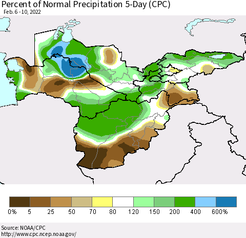 Central Asia Percent of Normal Precipitation 5-Day (CPC) Thematic Map For 2/6/2022 - 2/10/2022