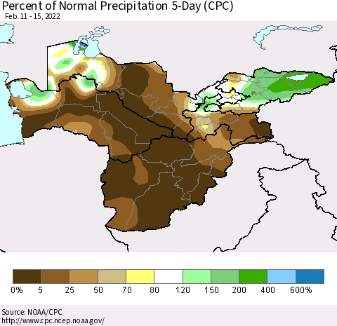 Central Asia Percent of Normal Precipitation 5-Day (CPC) Thematic Map For 2/11/2022 - 2/15/2022