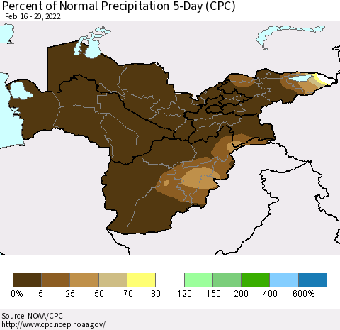 Central Asia Percent of Normal Precipitation 5-Day (CPC) Thematic Map For 2/16/2022 - 2/20/2022