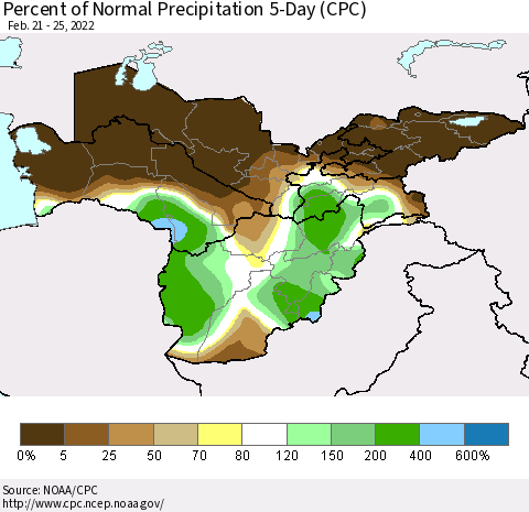 Central Asia Percent of Normal Precipitation 5-Day (CPC) Thematic Map For 2/21/2022 - 2/25/2022