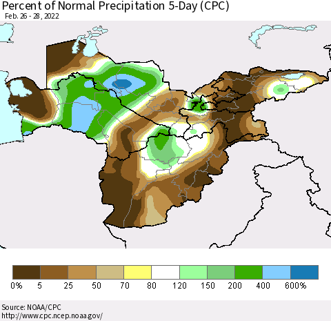 Central Asia Percent of Normal Precipitation 5-Day (CPC) Thematic Map For 2/26/2022 - 2/28/2022