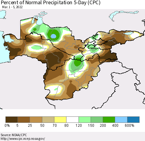 Central Asia Percent of Normal Precipitation 5-Day (CPC) Thematic Map For 3/1/2022 - 3/5/2022