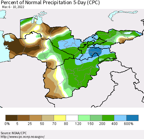 Central Asia Percent of Normal Precipitation 5-Day (CPC) Thematic Map For 3/6/2022 - 3/10/2022