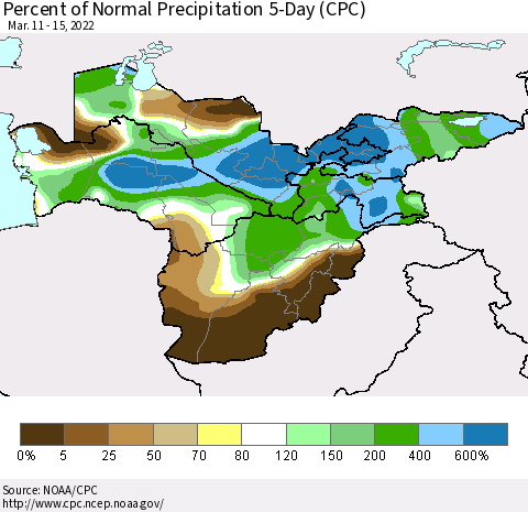 Central Asia Percent of Normal Precipitation 5-Day (CPC) Thematic Map For 3/11/2022 - 3/15/2022