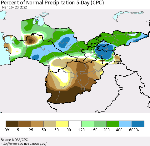 Central Asia Percent of Normal Precipitation 5-Day (CPC) Thematic Map For 3/16/2022 - 3/20/2022