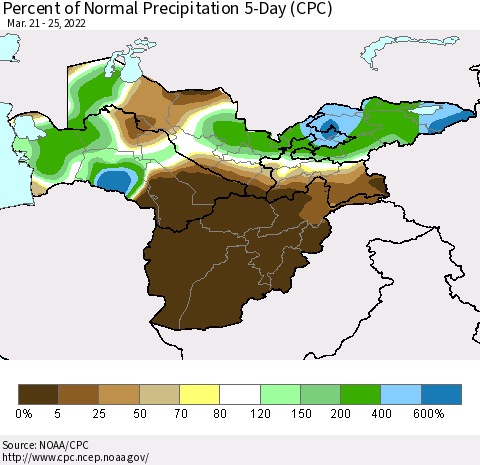 Central Asia Percent of Normal Precipitation 5-Day (CPC) Thematic Map For 3/21/2022 - 3/25/2022