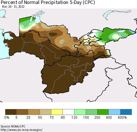 Central Asia Percent of Normal Precipitation 5-Day (CPC) Thematic Map For 3/26/2022 - 3/31/2022