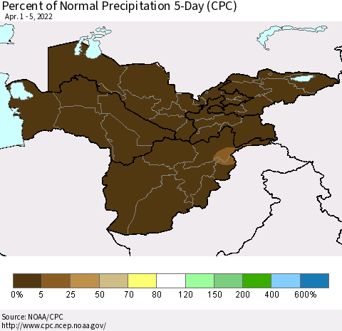 Central Asia Percent of Normal Precipitation 5-Day (CPC) Thematic Map For 4/1/2022 - 4/5/2022