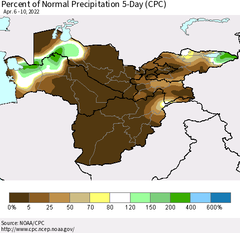 Central Asia Percent of Normal Precipitation 5-Day (CPC) Thematic Map For 4/6/2022 - 4/10/2022