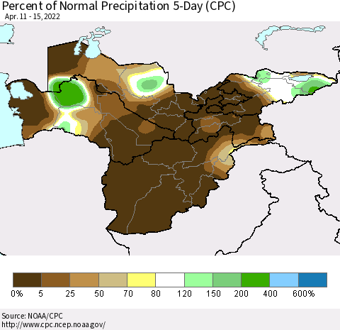 Central Asia Percent of Normal Precipitation 5-Day (CPC) Thematic Map For 4/11/2022 - 4/15/2022