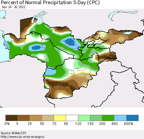 Central Asia Percent of Normal Precipitation 5-Day (CPC) Thematic Map For 4/16/2022 - 4/20/2022