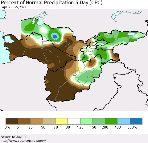 Central Asia Percent of Normal Precipitation 5-Day (CPC) Thematic Map For 4/21/2022 - 4/25/2022