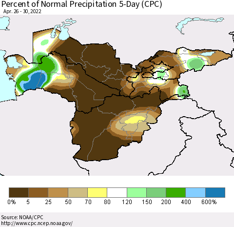 Central Asia Percent of Normal Precipitation 5-Day (CPC) Thematic Map For 4/26/2022 - 4/30/2022
