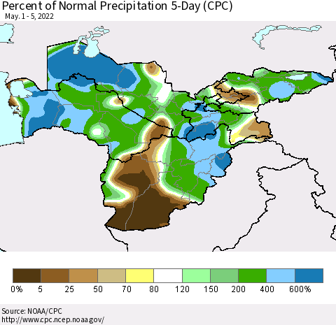 Central Asia Percent of Normal Precipitation 5-Day (CPC) Thematic Map For 5/1/2022 - 5/5/2022