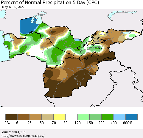 Central Asia Percent of Normal Precipitation 5-Day (CPC) Thematic Map For 5/6/2022 - 5/10/2022