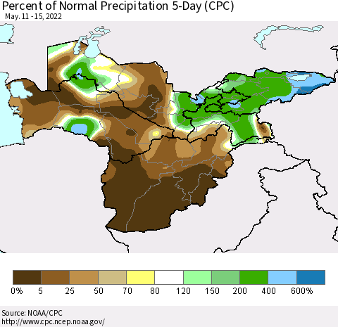 Central Asia Percent of Normal Precipitation 5-Day (CPC) Thematic Map For 5/11/2022 - 5/15/2022