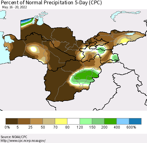 Central Asia Percent of Normal Precipitation 5-Day (CPC) Thematic Map For 5/16/2022 - 5/20/2022