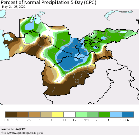 Central Asia Percent of Normal Precipitation 5-Day (CPC) Thematic Map For 5/21/2022 - 5/25/2022