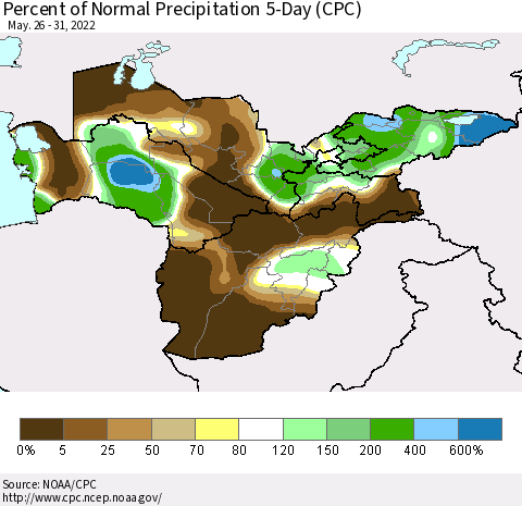 Central Asia Percent of Normal Precipitation 5-Day (CPC) Thematic Map For 5/26/2022 - 5/31/2022