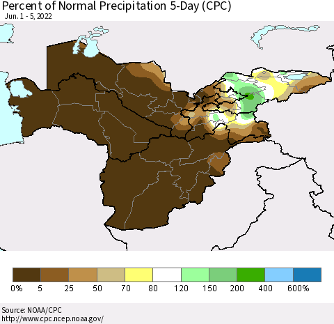 Central Asia Percent of Normal Precipitation 5-Day (CPC) Thematic Map For 6/1/2022 - 6/5/2022