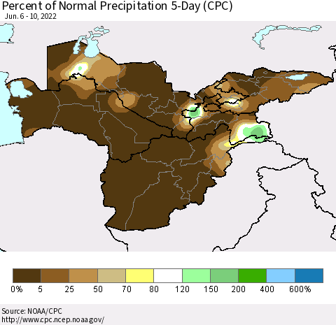 Central Asia Percent of Normal Precipitation 5-Day (CPC) Thematic Map For 6/6/2022 - 6/10/2022