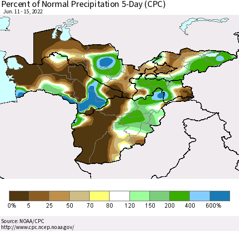 Central Asia Percent of Normal Precipitation 5-Day (CPC) Thematic Map For 6/11/2022 - 6/15/2022