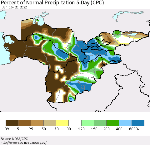 Central Asia Percent of Normal Precipitation 5-Day (CPC) Thematic Map For 6/16/2022 - 6/20/2022