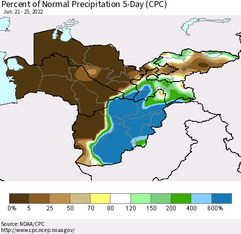 Central Asia Percent of Normal Precipitation 5-Day (CPC) Thematic Map For 6/21/2022 - 6/25/2022