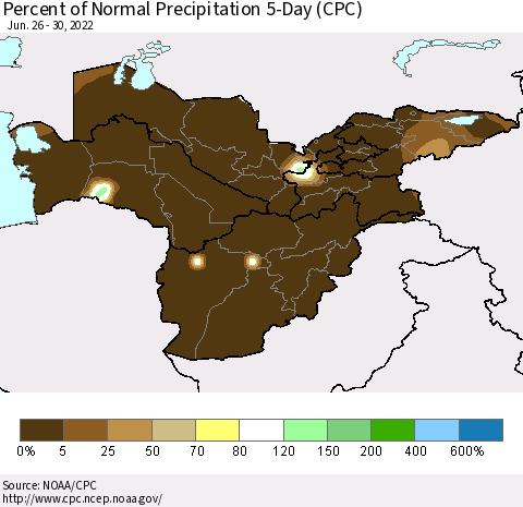 Central Asia Percent of Normal Precipitation 5-Day (CPC) Thematic Map For 6/26/2022 - 6/30/2022