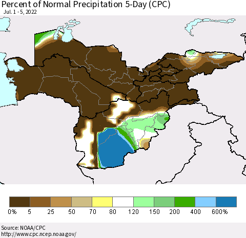 Central Asia Percent of Normal Precipitation 5-Day (CPC) Thematic Map For 7/1/2022 - 7/5/2022