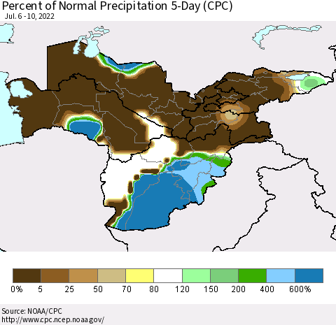 Central Asia Percent of Normal Precipitation 5-Day (CPC) Thematic Map For 7/6/2022 - 7/10/2022