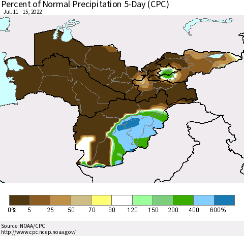 Central Asia Percent of Normal Precipitation 5-Day (CPC) Thematic Map For 7/11/2022 - 7/15/2022