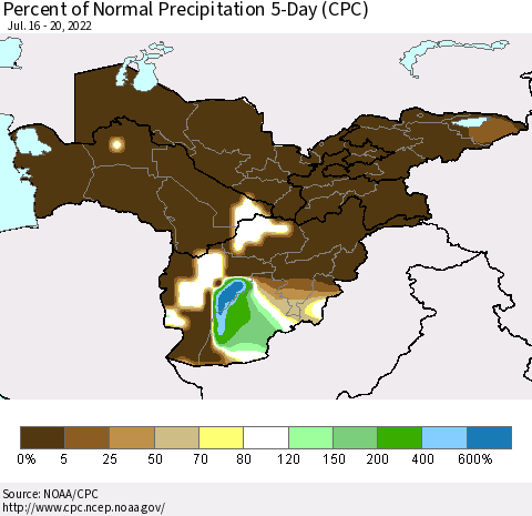 Central Asia Percent of Normal Precipitation 5-Day (CPC) Thematic Map For 7/16/2022 - 7/20/2022